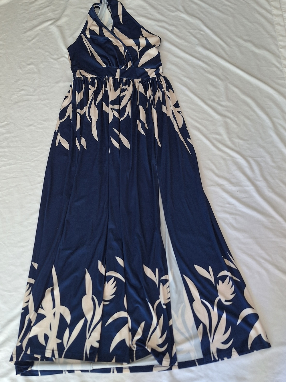 Shein One Shoulder Oblique Neck Floral Print Slit Helm Long Dress Navy &Cream L - Picture 2 of 11